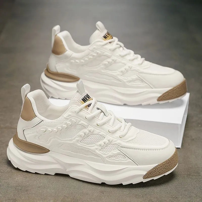 Men's white and black breathable mesh shoes with round toe design in sizes 39-44