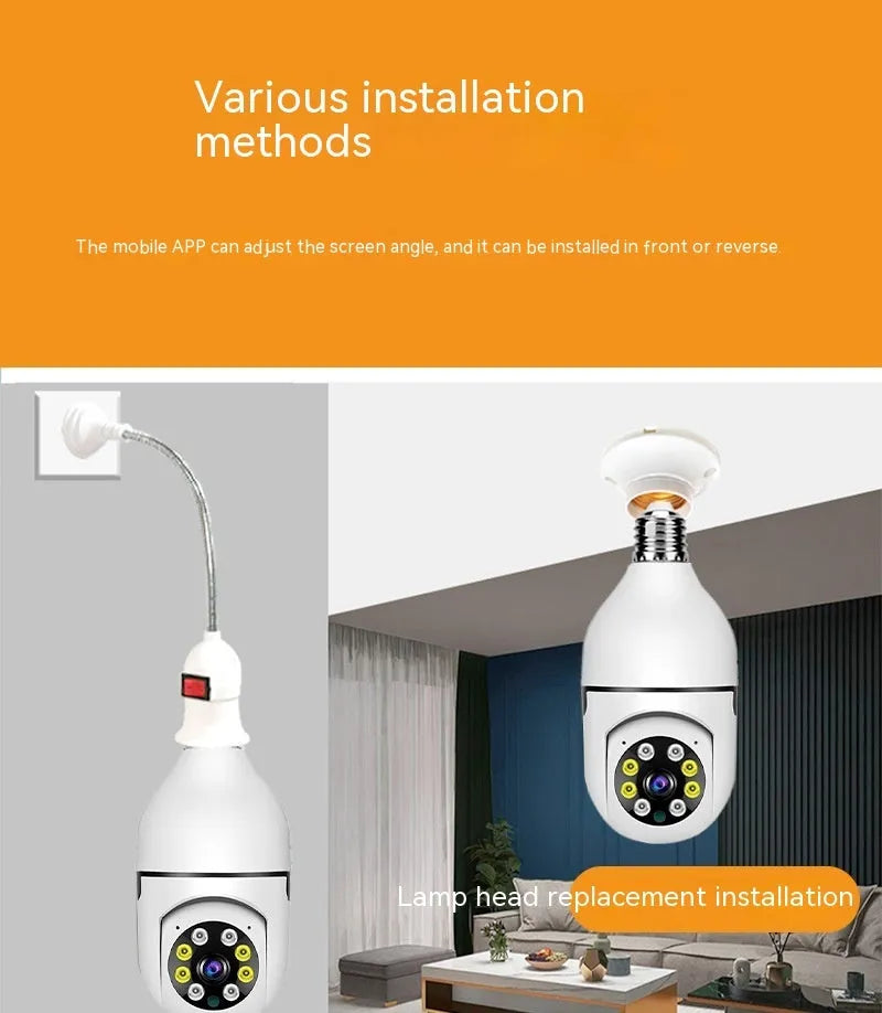 Wireless Wi-Fi bulb security camera with lamp holder base, showing compact 5cm by 12cm size.