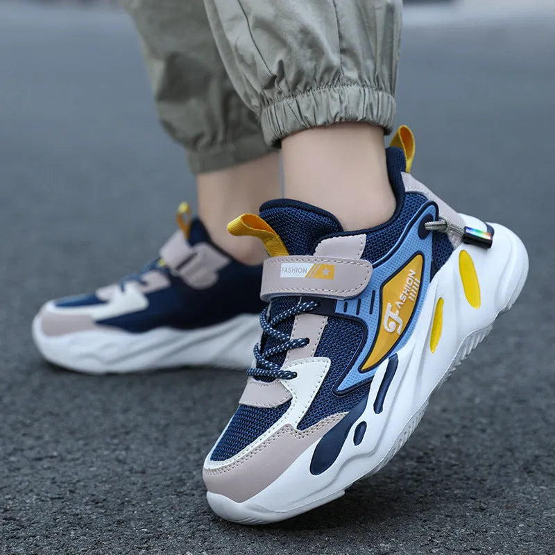Boys' dark blue platform sports shoes with Velcro strap and breathable mesh upper