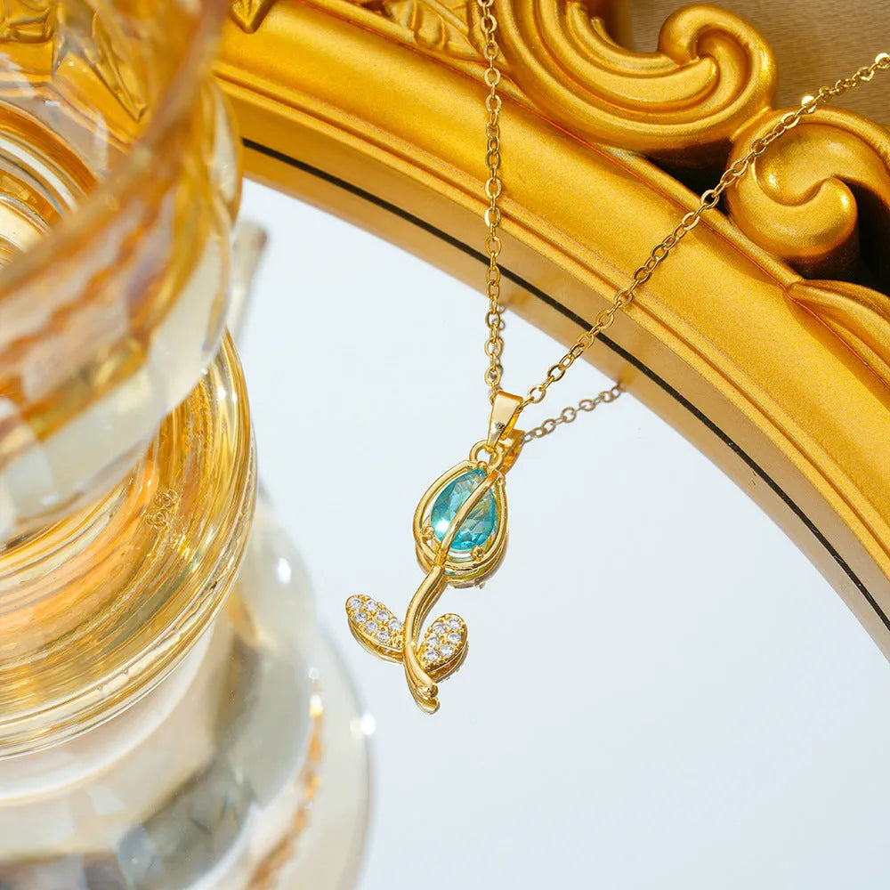 Zircon tulip titanium steel necklace for women with adjustable 41-50cm chain and copper-plated gold pendant