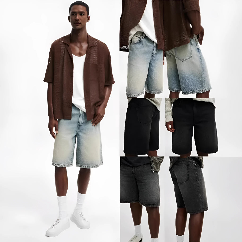 Men's loose straight-leg jeans in light blue, black, and grey denim