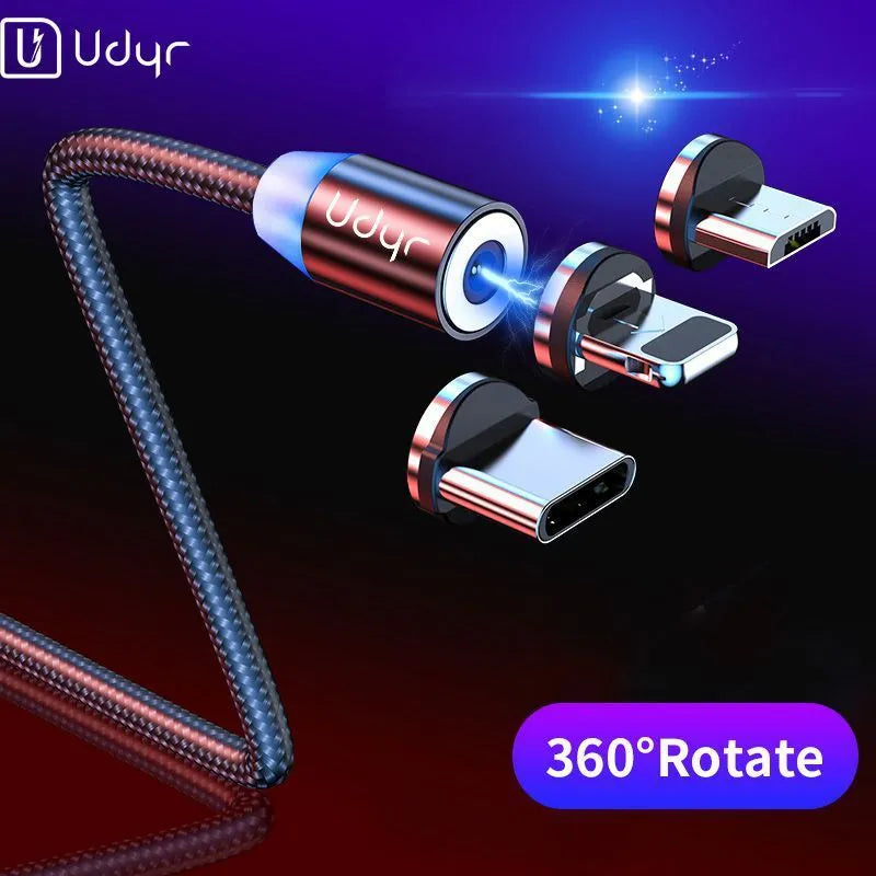 Black magnetic data cable with detachable Android, Apple, and TYPE-C connector heads in 1 metre length