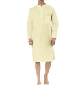 Men's button-front cotton shirt robe in light blue with side pockets on a hanger.