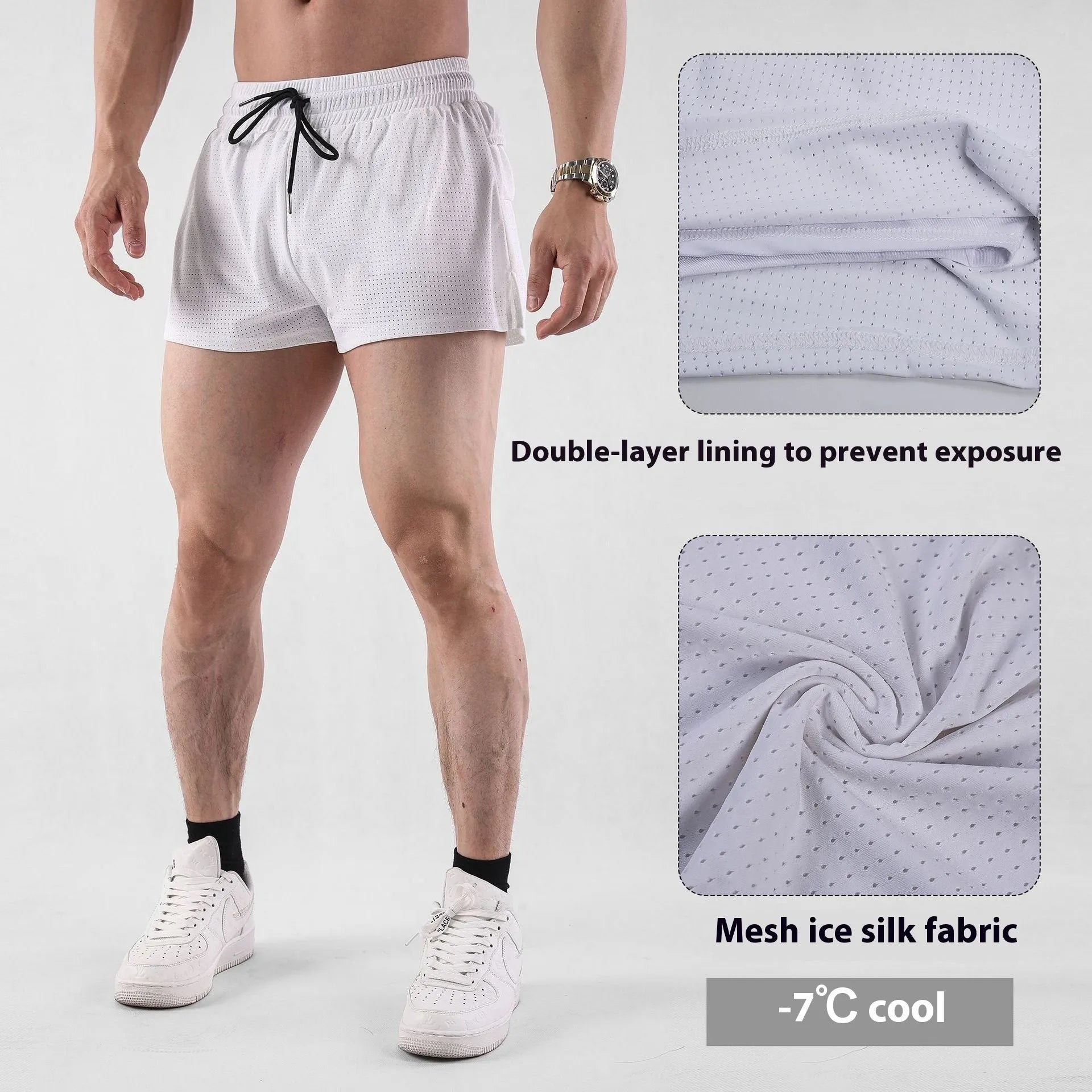 Men's summer quick-dry nylon shorts in white and black with elasticated waistband