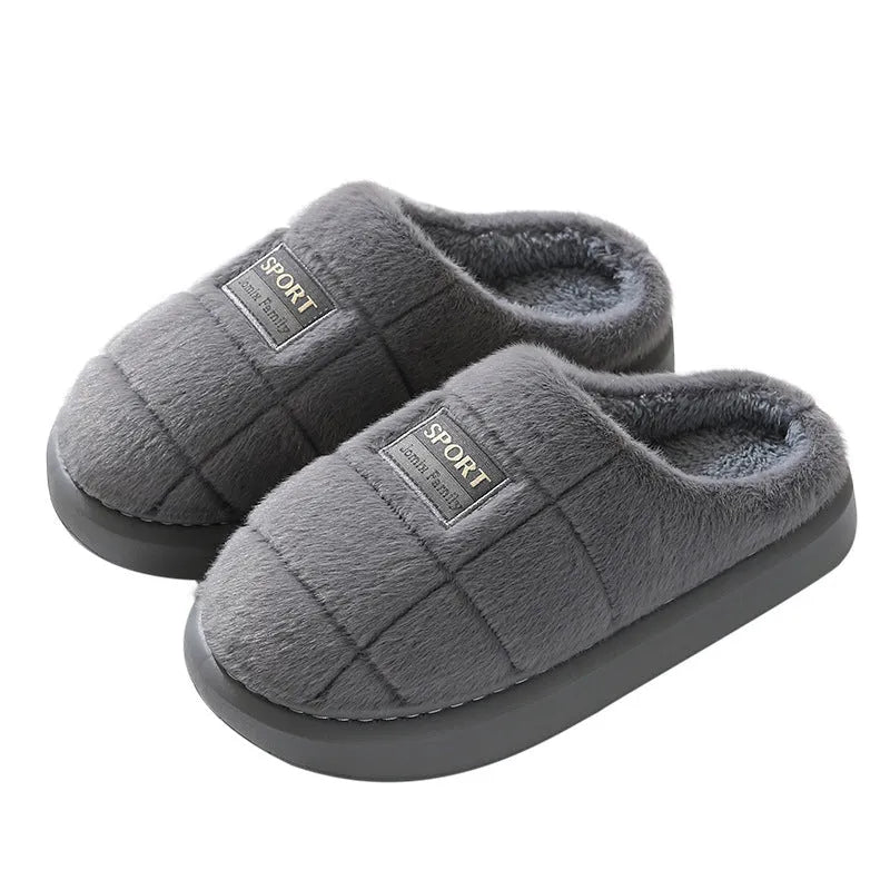 Men's plaid patterned winter slippers with rabbit hair upper and thick EVA sole in brown, coffee, grey colour options.