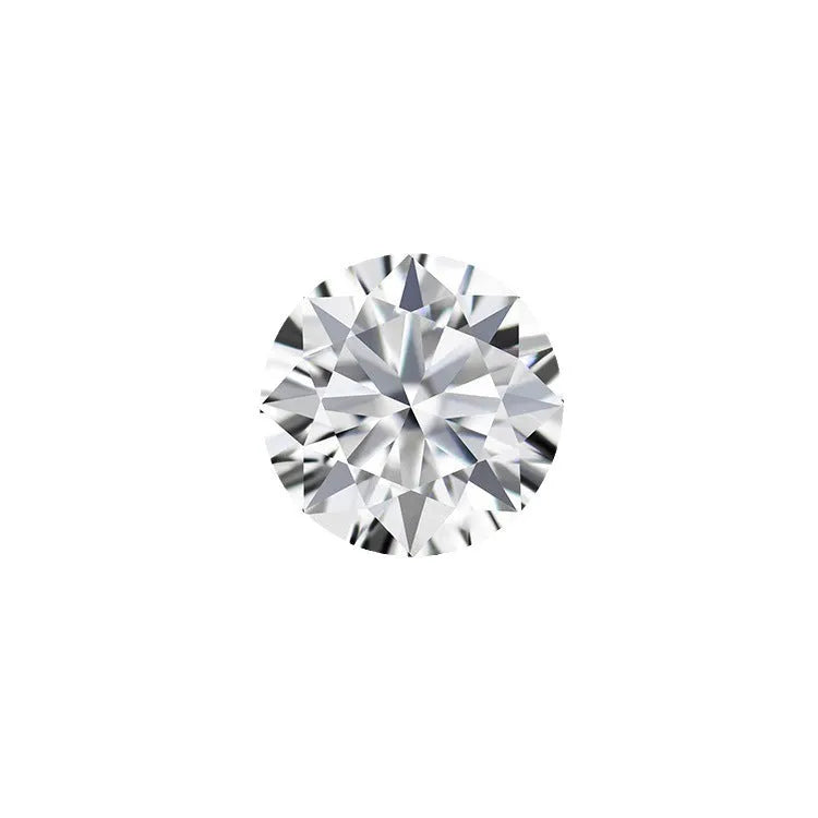Round cut moissanite stone with eight hearts and eight arrows faceting, shown on a neutral background.