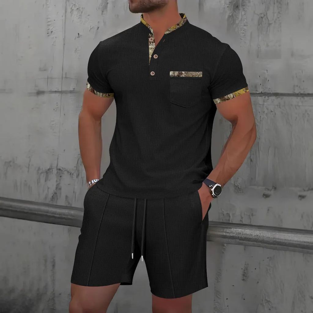 Man wearing grey waffle texture short sleeve polo with zip front and matching shorts