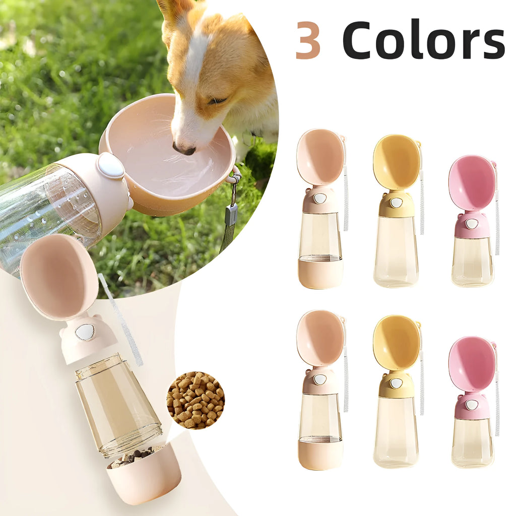 Portable dog water bottle and attached feeding bowl in yellow, pink, or brown for outdoor travel.
