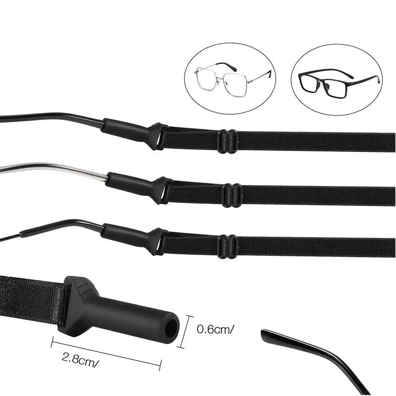 Black adjustable glasses cord with silicone tips attached to eyewear earpieces