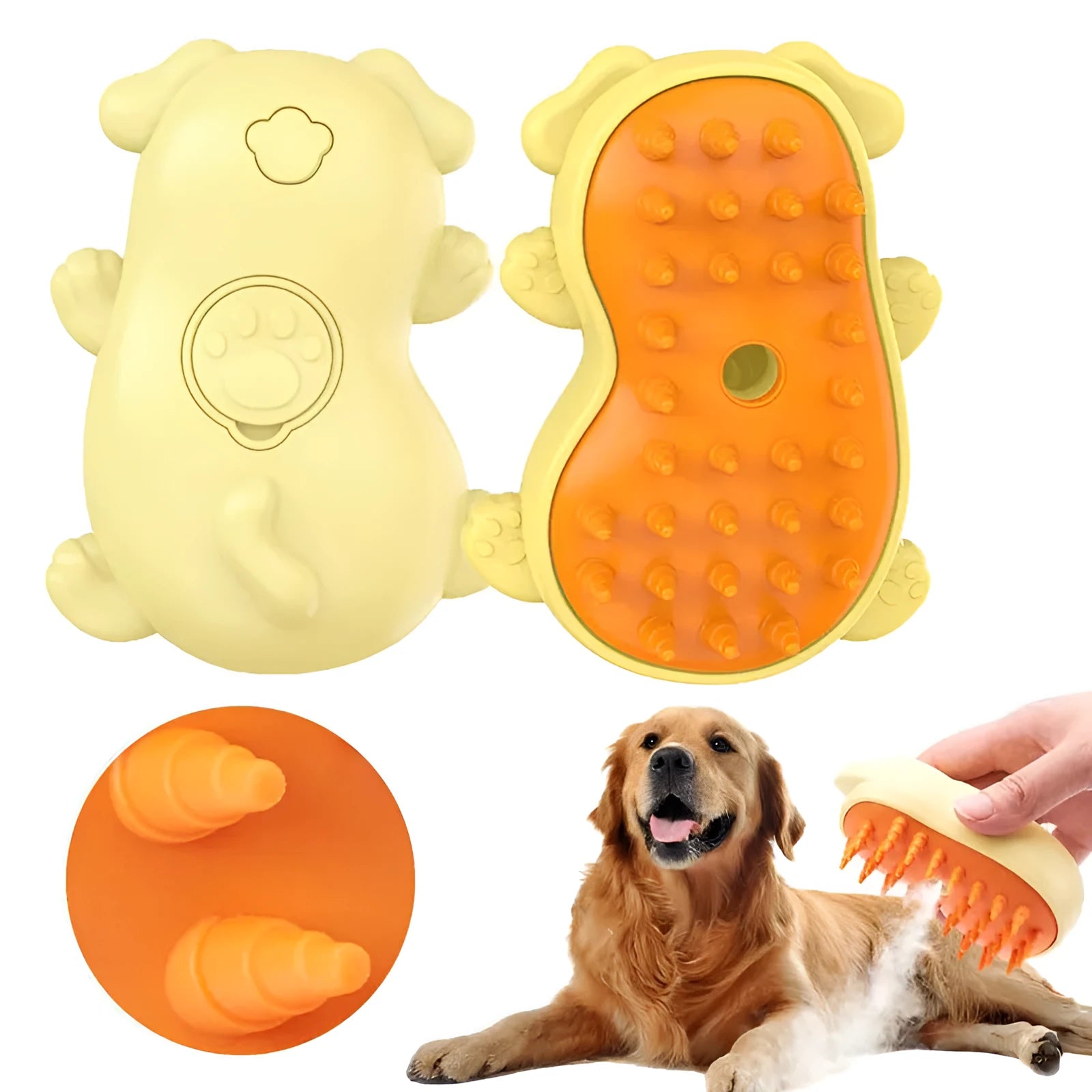 3-in-1 steam grooming brush for cats and dogs on a white background, showing ergonomic handle.