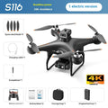 Black S116 brushless quadcopter drone with four rotors and a dual HD camera on a white background