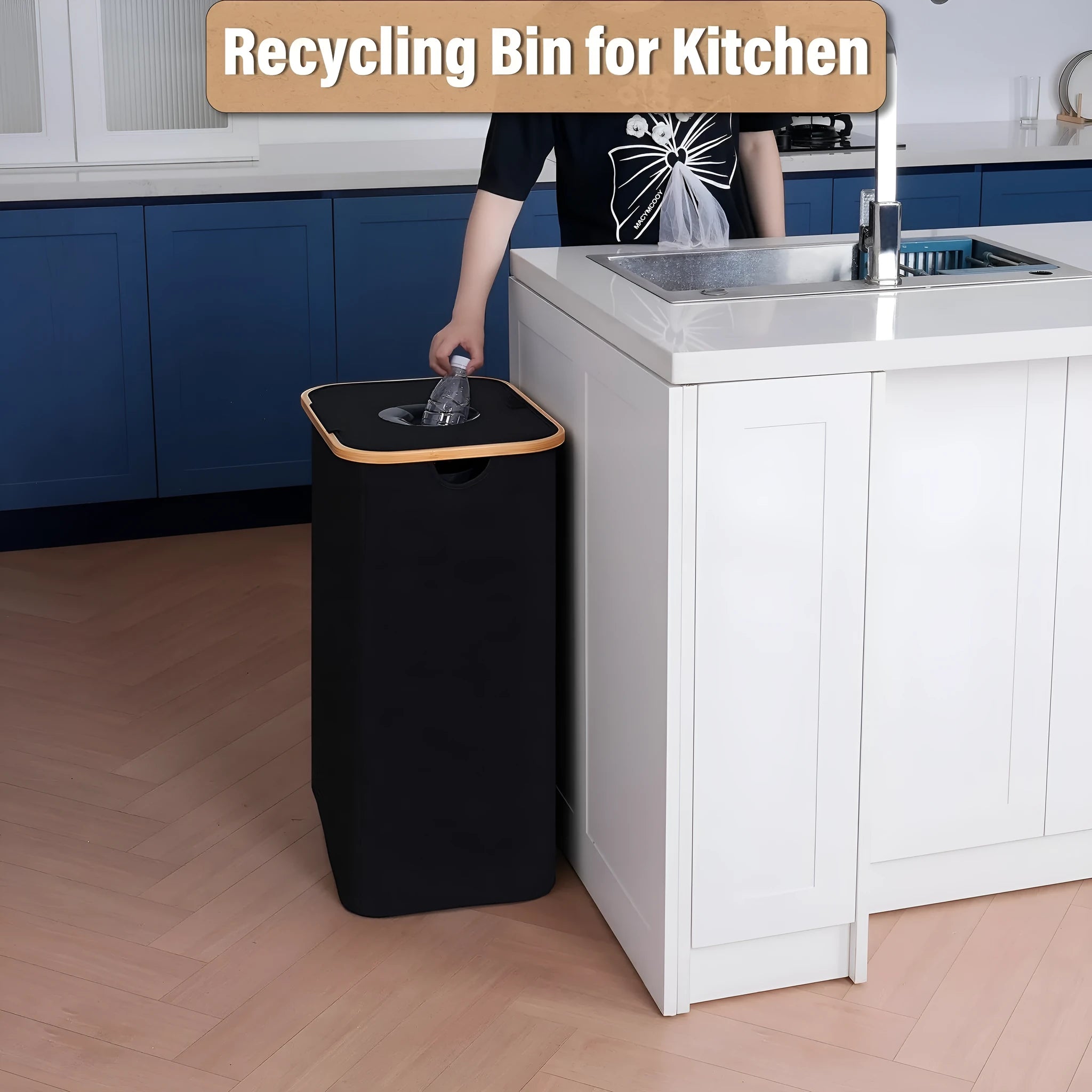 Black bamboo laundry basket with removable lid showing ventilation holes and inner mesh pockets