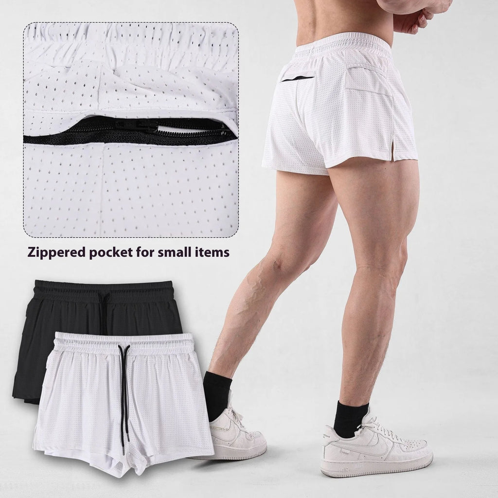 Men's summer quick-dry nylon shorts in white and black with elasticated waistband