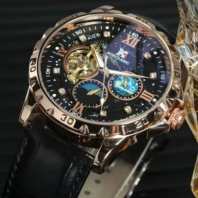 Black and rose gold automatic mechanical watch with hollow dial showing movement through openings