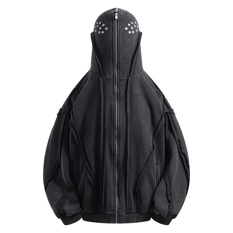 Black retro loose hooded cotton coat with padding and front zip.