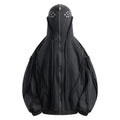 Black retro loose hooded cotton coat with padding and front zip.