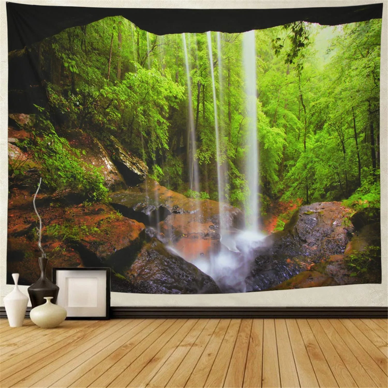 Large natural forest tapestry wall hanging with mandala design on beige background