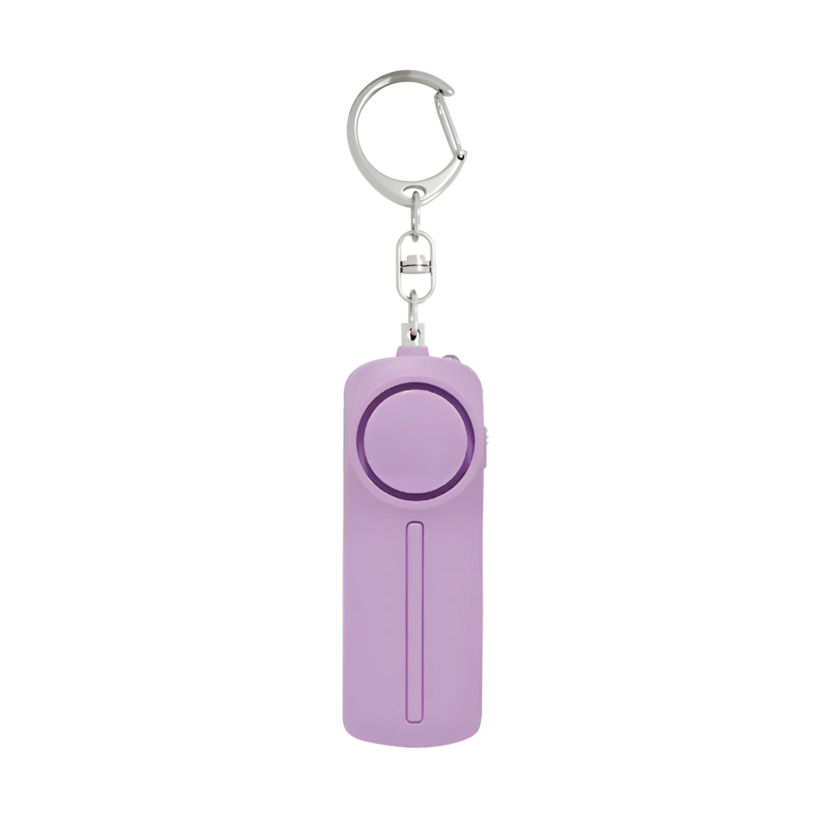 Pink and blue compact personal safety alarm with key ring, showing LED light and activation pin.