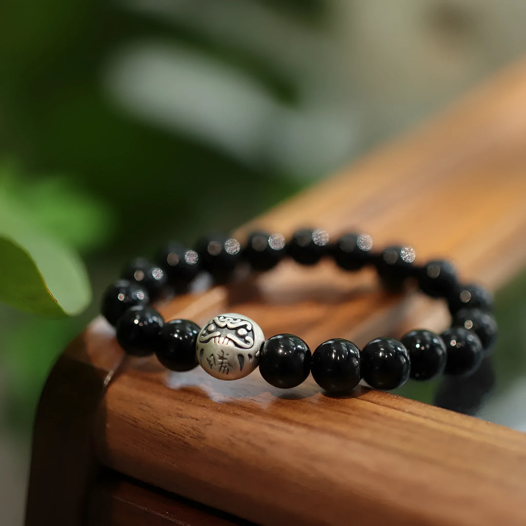 Chinese style black agate bracelet with 10mm beads and sterling silver components