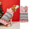 Blue knitted dog sweater with a diamond pattern on a small dog model.