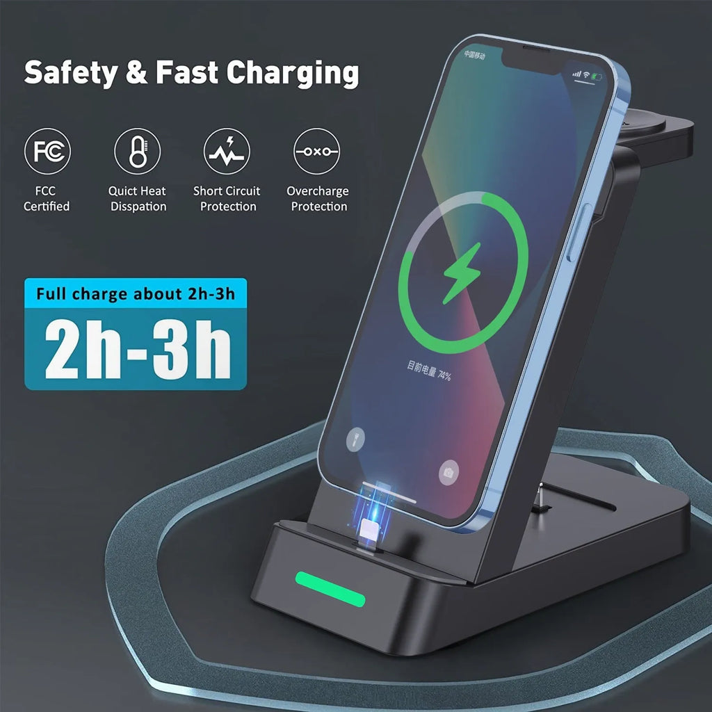 Black three-in-one wireless charging station dock for phone, smartwatch, and earbuds on a desk.