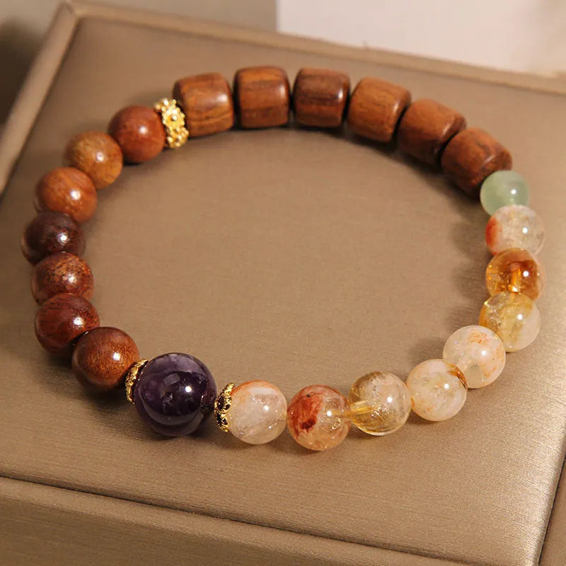 Women's bracelet with pineapple yellow tower crystal, ebony and amethyst stones, pearl rhinestone sequin decoration