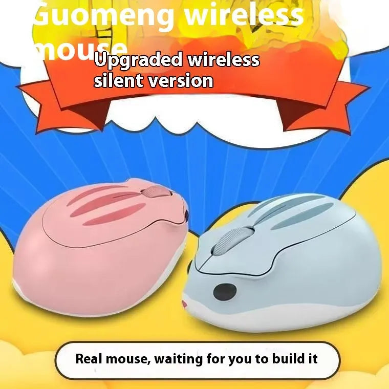 Hamster Bluetooth wireless mute computer mouse in yellow, pink, and grey colour options on a desk.