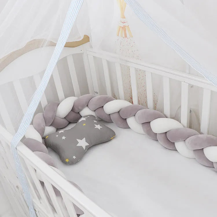Braided knot crib bumper cushion in spandex velvet protecting infant cot sides
