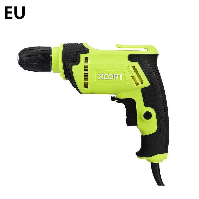 450 watt pistol-grip electric drill with multi-speed control and a 10mm chuck on a workbench.