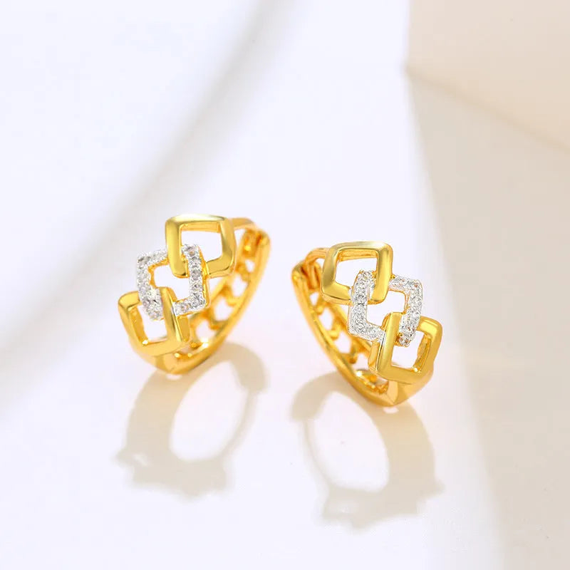 Gold geometric hollow-out alloy earrings with colour separation ear clip detail