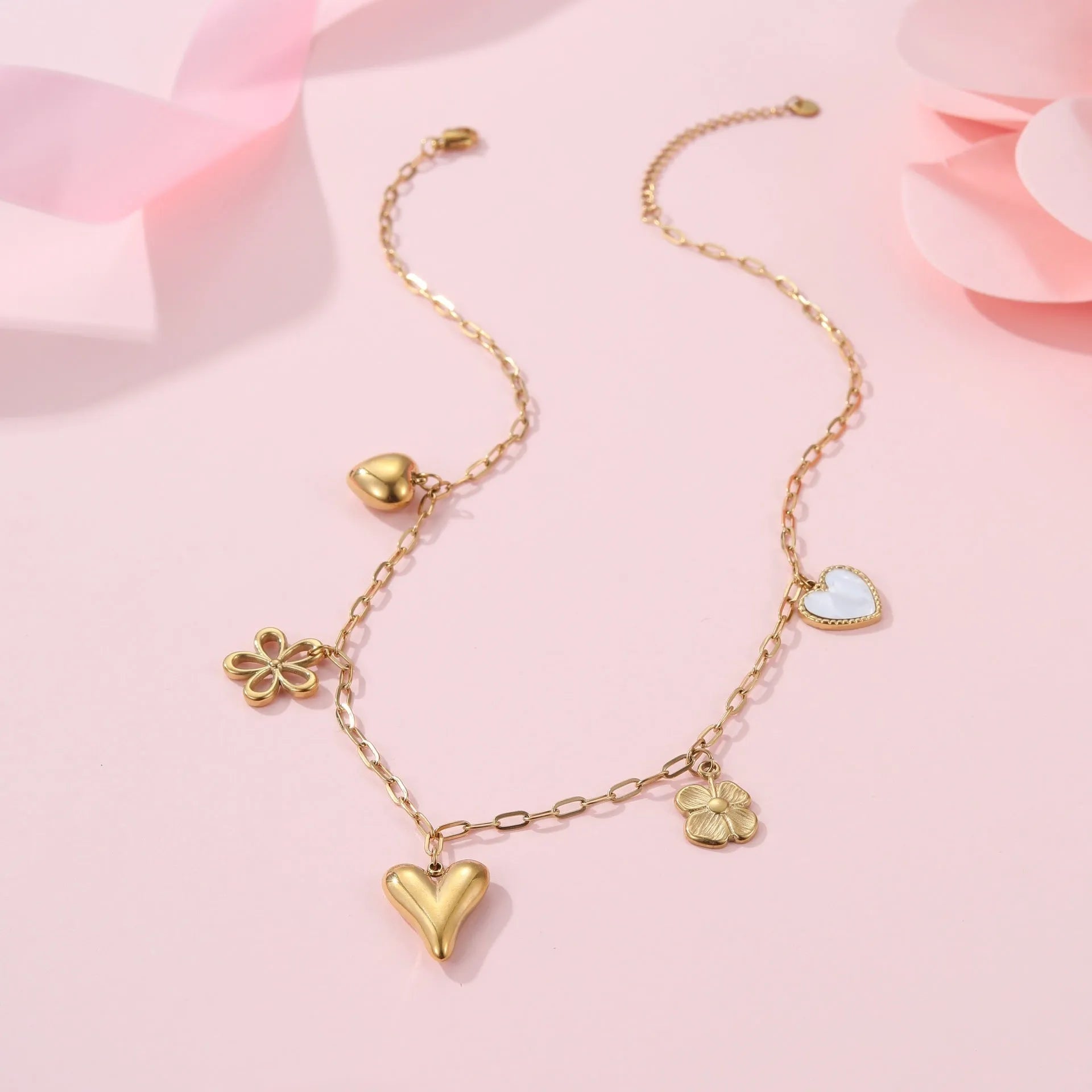 Stainless steel geometric pendant necklace with 18K gold electroplating on adjustable chain
