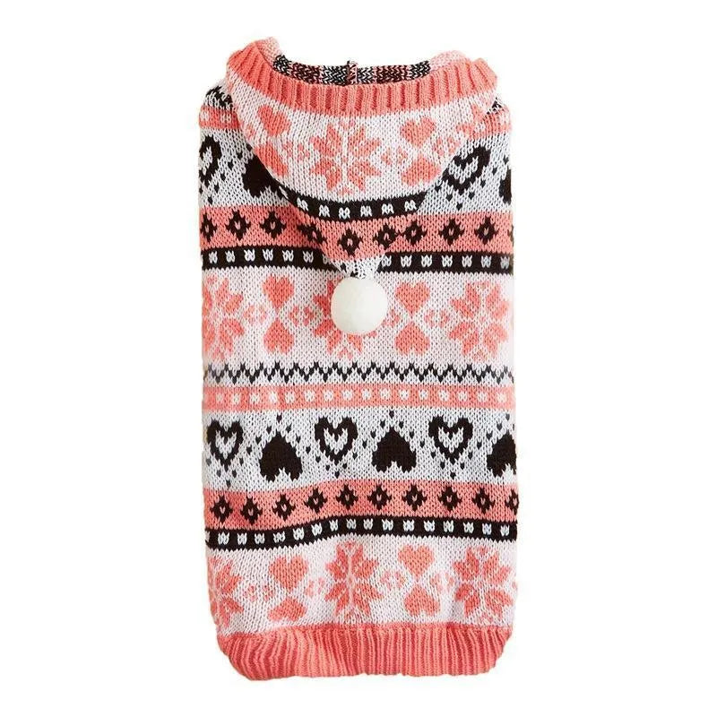 Pink blue grey camouflage patterned knitted dog sweater with snowflake design for small winter dogs