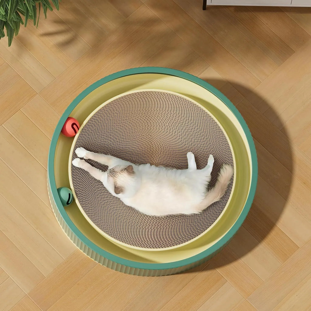 Large green cat scratching board with moving bell balls and replaceable cardboard core