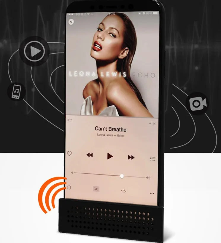 Mobile phone amplifier bracket in ABS plastic showing horizontal film viewing and vertical music listening positions