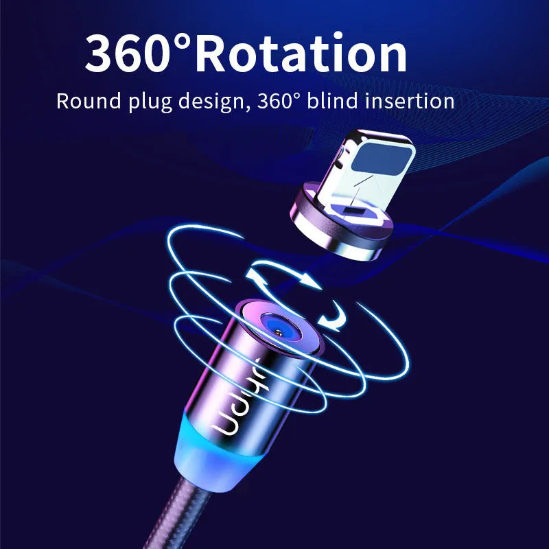 Black magnetic data cable with detachable Android, Apple, and TYPE-C connector heads in 1 metre length