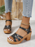 Plus size Roman women's peep toe sandals with chunky heel and ankle-strap buckle in black, brown, or white