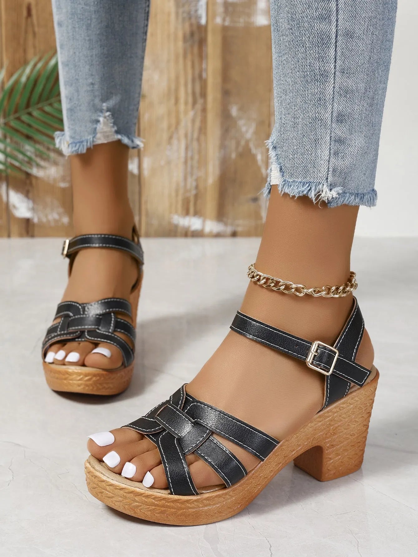 Plus size Roman women's peep toe sandals with chunky heel and ankle-strap buckle in black, brown, or white