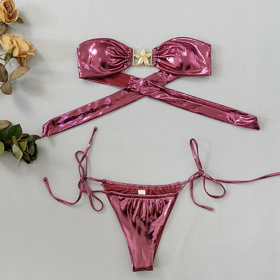 Women's glossy sapphire blue bikini with gold starfish detail on split tube top