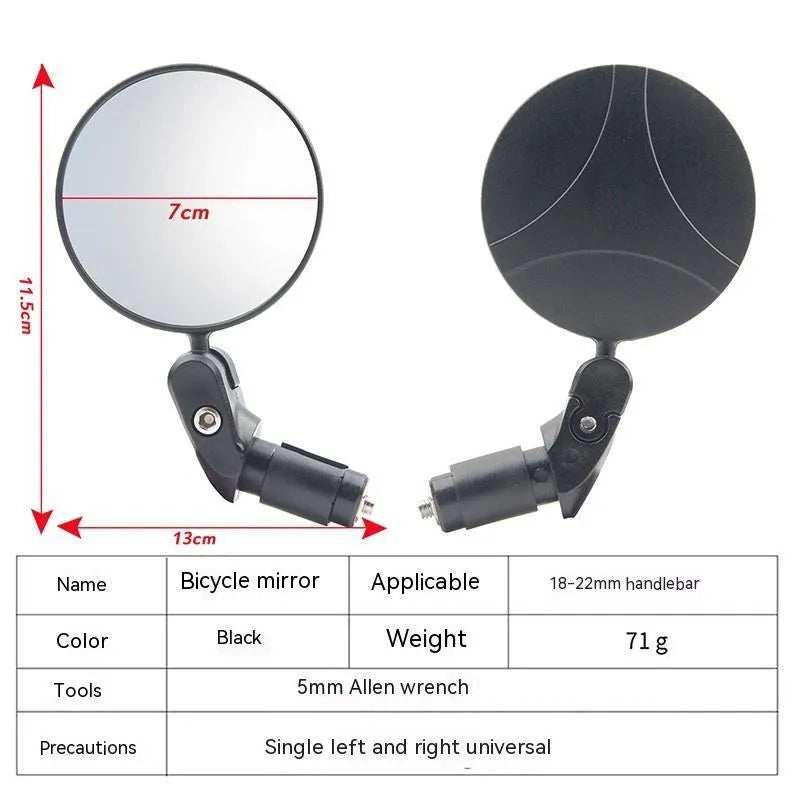 Black foldable convex rearview mirror extended on a table, showing its 7cm diameter and adjustable arm.
