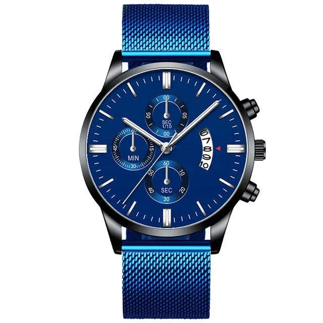 Men's stainless steel mesh band quartz watch with analogue dial and decorative subdials.