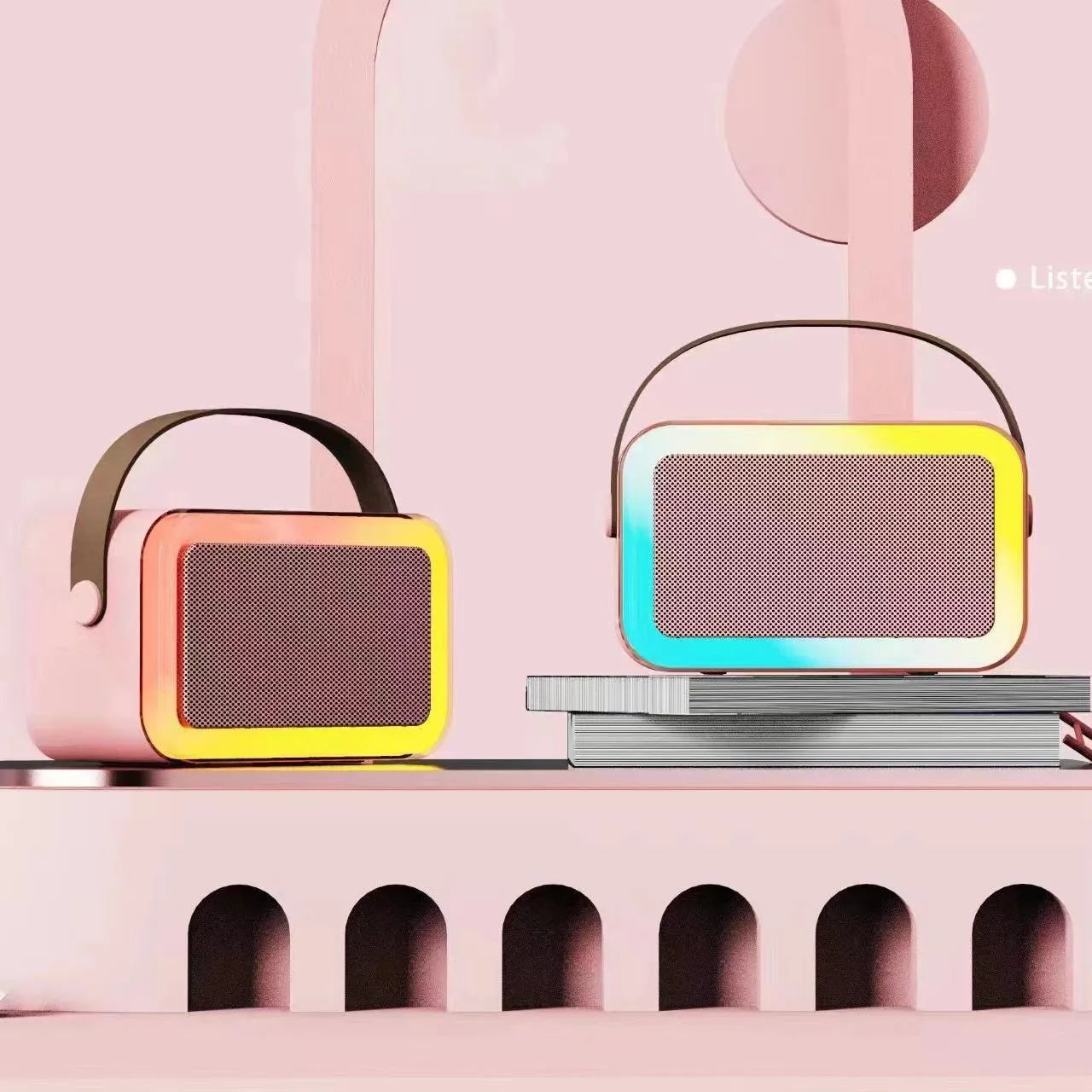 Portable Bluetooth karaoke microphone speaker with coloured LED lights in white, pink, or sky blue