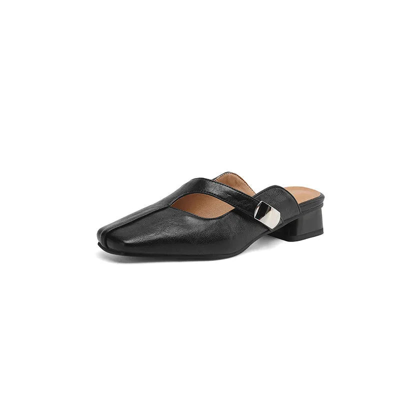 Casual low heel square toe slippers in black artificial PU with rubber sole