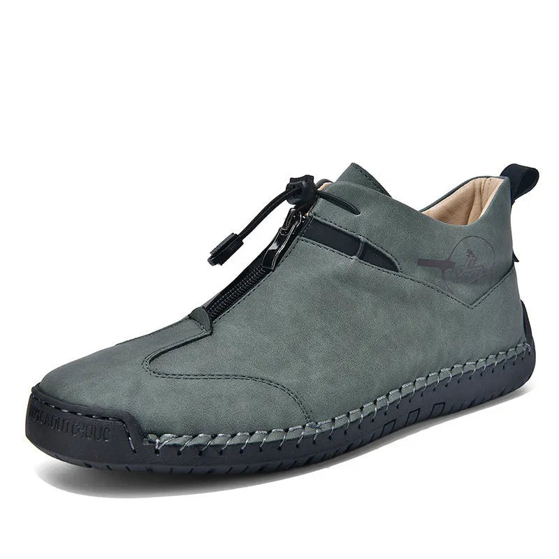 Men's casual leather shoes with round toe and 3-5cm heel in black, blue, green, or khaki