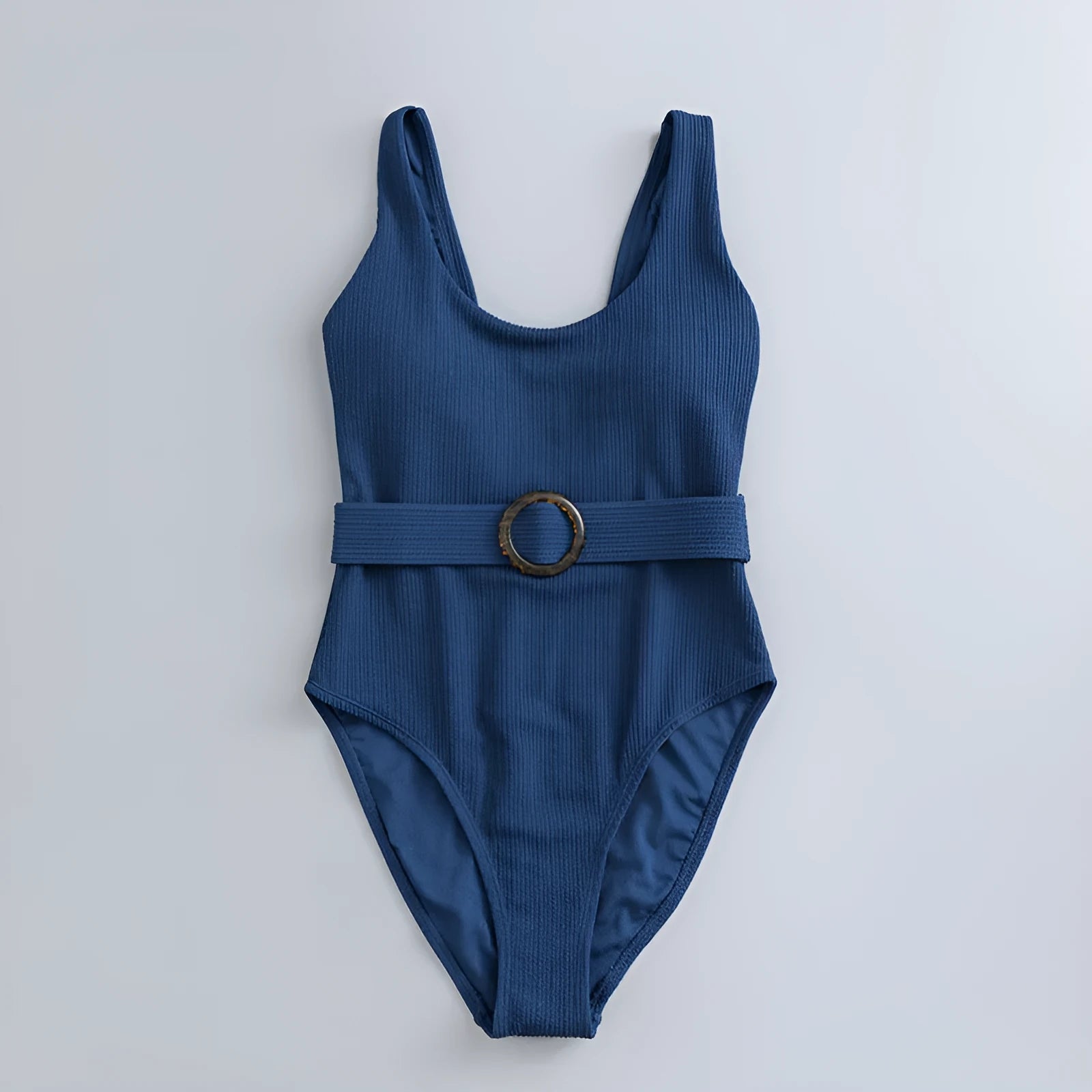 Navy blue women's one-piece swimsuit with triangle slimming design and chest pad support