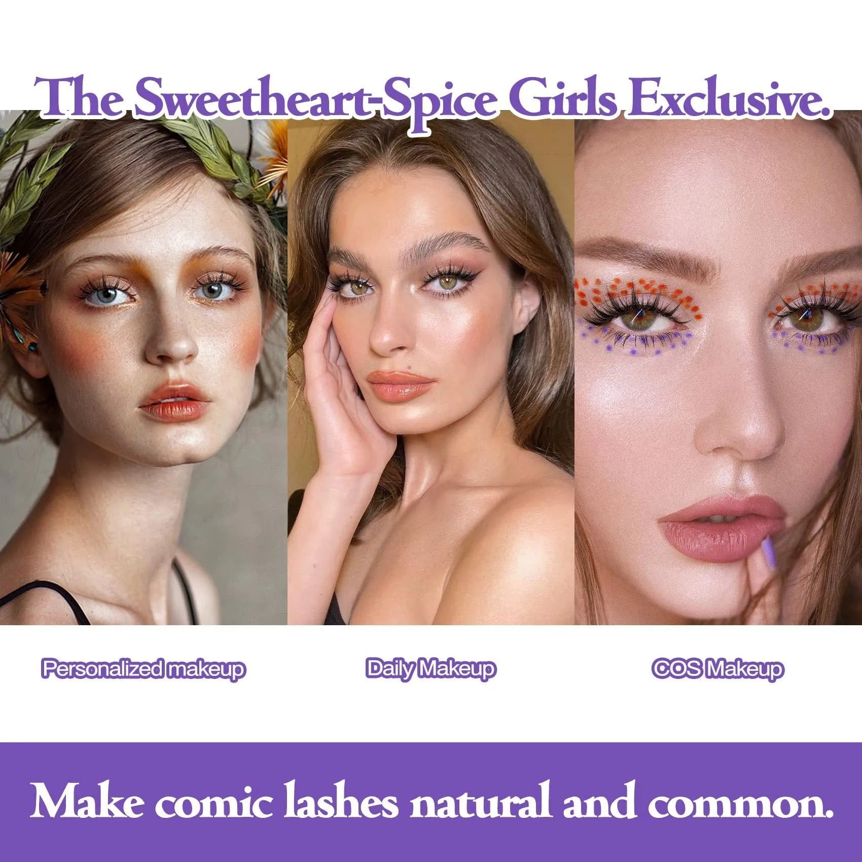 5 pairs of manga-style false eyelashes on a black strip, showing natural wispy Korean makeup look.