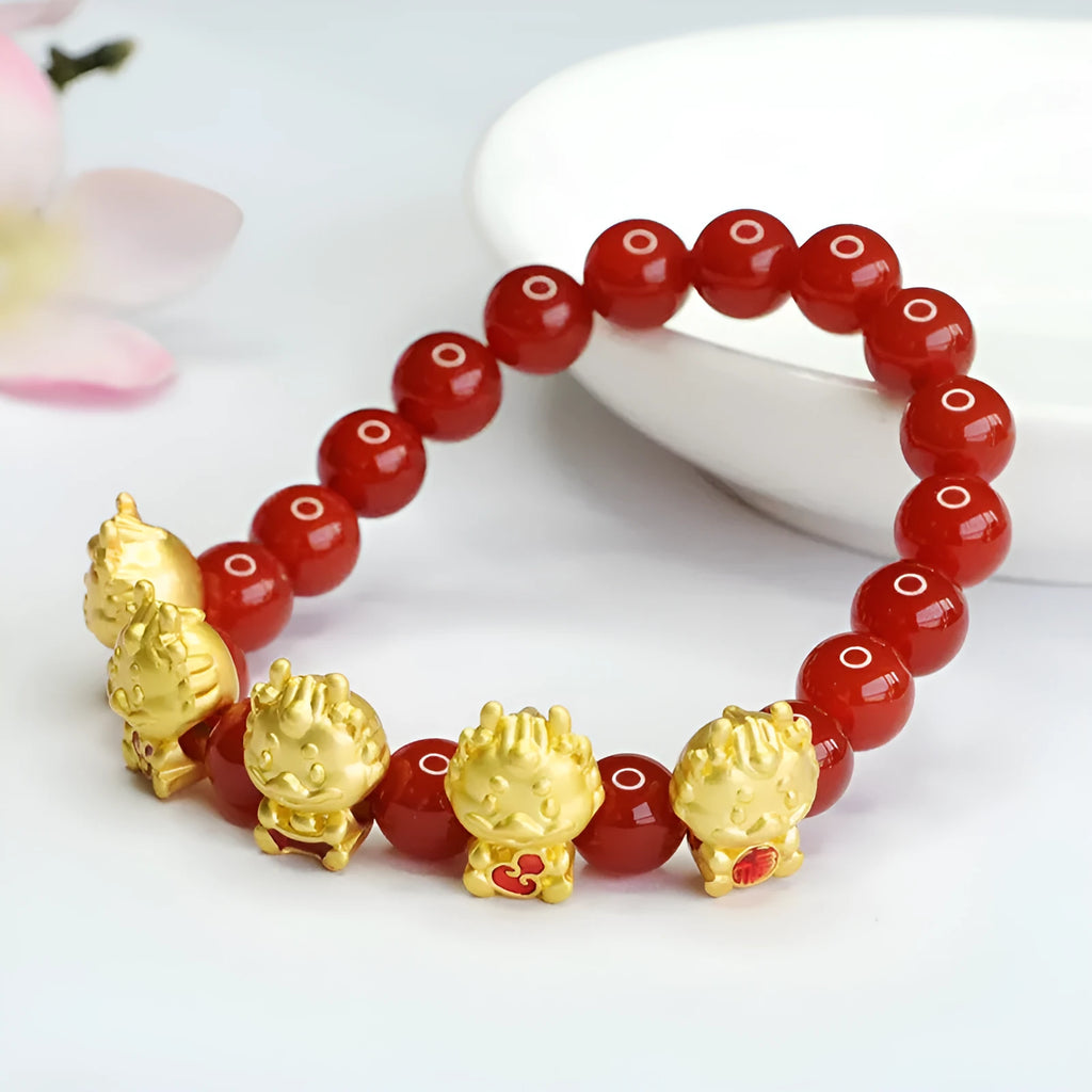 Red agate bracelet with Chinese dragon charm and 8mm beads
