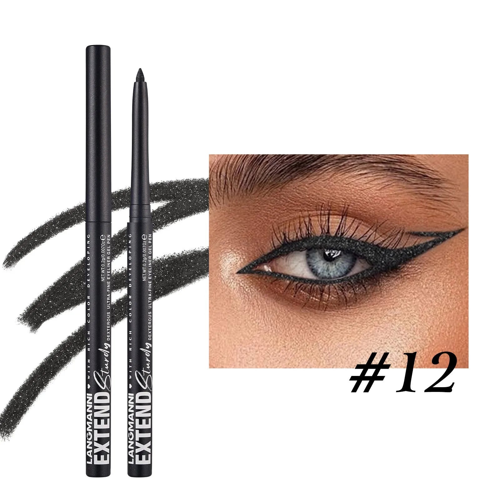 12 colourful gel glitter eyeliner pencils in vibrant shades arranged in a set