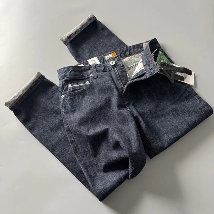 Men's straight leg denim trousers in primary colour with mid-rise waist