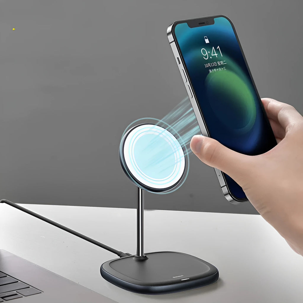 Swan magnetic desktop wireless charger for iPhone 12 in black or white colour