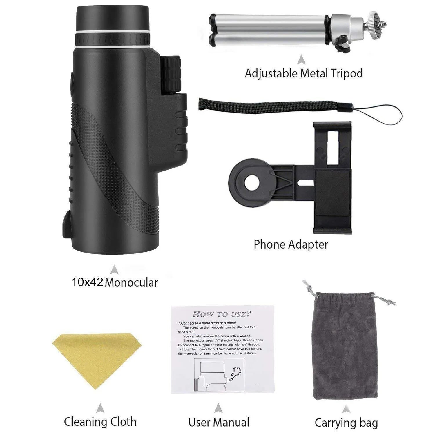 Black HD 40x60 waterproof monocular telescope with 40x magnification for outdoor observation
